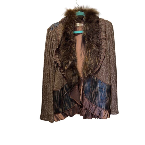 Romance Italy Faux Fur Open Front Ruffle Cardigan Size L - Picture 1 of 11